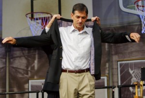 Former NBA player Stockton receives his Hall of Fame jacket during the 2009 Enshrinement news conference in Springfield