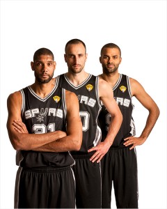 Manu Ginobili, Tim Duncan, and Tony Parker of the San antonio Spurs in San antonio, Texas on Sunday, June 2, 2013. © 2013 Robert Seale