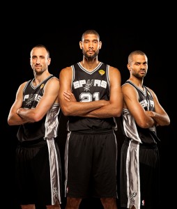 Manu Ginobili, Tim Duncan, and Tony Parker of the San antonio Spurs in San antonio, Texas on Sunday, June 2, 2013. © 2013 Robert Seale