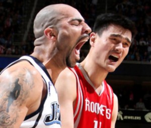 SALT LAKE CITY, UT - MARCH 4: Carlos Boozer #5 of the Utah Jazz screams after Yao Ming #11 of the Houston Rockets picks up his 6 foul at EnergySolutions Arena March 4, 2009 in Salt Lake City, Utah. NOTE TO USER: User expressly acknowledges and agrees that, by downloading and or using this Photograph, User is consenting to the terms and conditions of the Getty Images License Agreement. Mandatory Copyright Notice: Copyright 2009 NBAE (Photo by Melissa Majchrzak/NBAE/Getty Images)