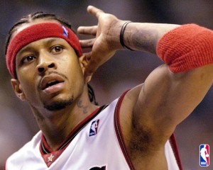 PLEASE NOTE THIS IMAGE IS FOR USE VIA THE CONSUMER POD SITE ONLY. PHILADELPHIA - MAY 11: Allen Iverson #3 of the Philadelphia 76ers wants the crowd to get louder during the closing minutes of their win over the Detroit Pistons in Game four of the Eastern Conference Semifinals during the 2003 NBA Playoffs on May 11, 2003 at the First Union Center in Philadelphia, Pennsylvania. The 76ers won 95-82 to even the series 2-2. NOTE TO USER: User expressly acknowledges and agrees that, by downloading and/or using this Photograph, User is consenting to the terms and conditions of the Getty Images License Agreement. (Photo by Ezra Shaw/Getty Images)