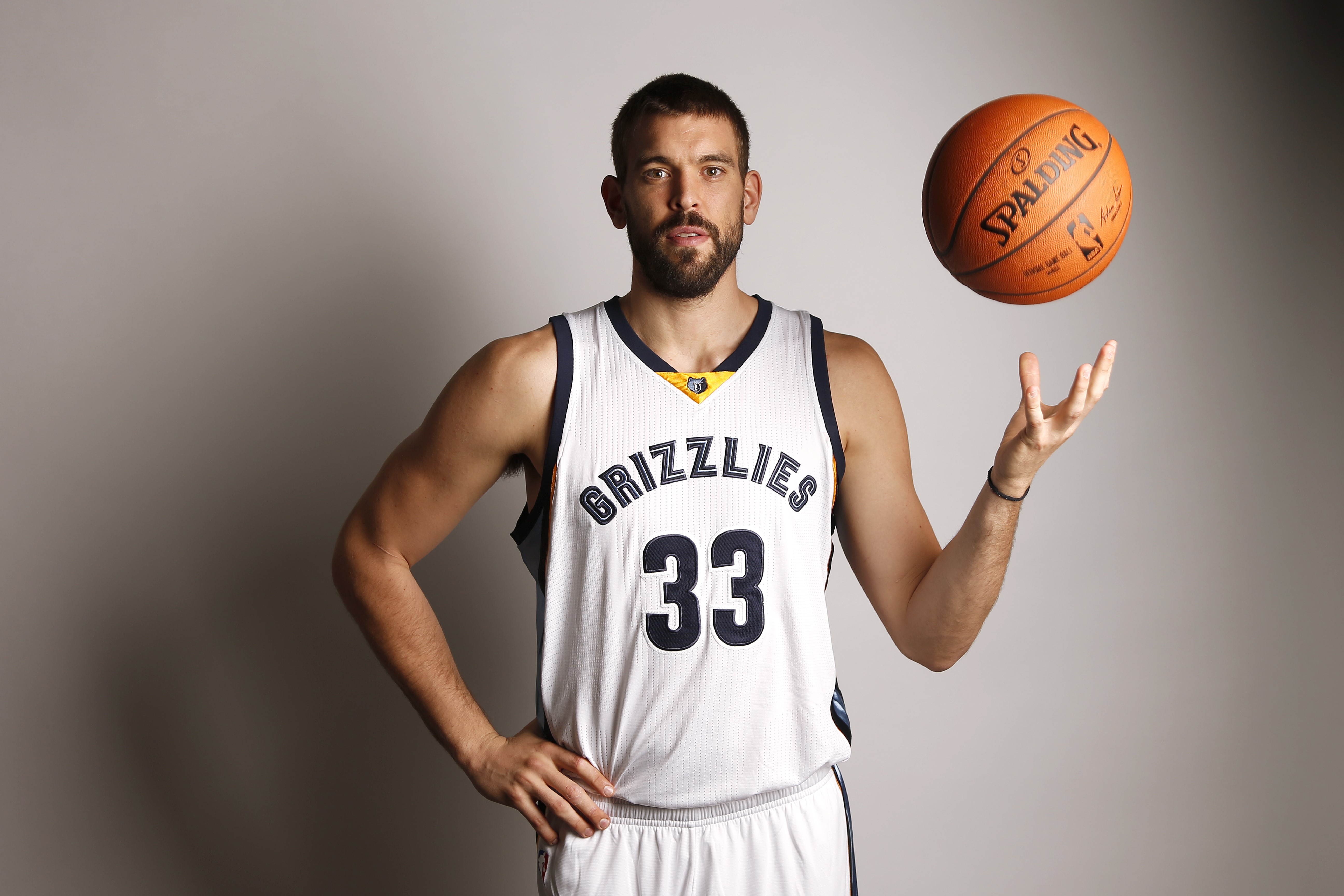 In this Sept. 29, 2014 photo, Memphis Grizzlies center Marc Gasol poses for a photo during the team's NBA basketball media day in Memphis, Tenn. (AP Photo/Mark Humphrey)
