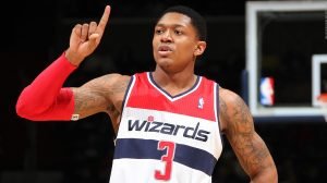 WASHINGTON, DC - JANUARY 12: Bradley Beal #3 of the Washington Wizards puts his finger after a play against the Atlanta Hawks during the game at the Verizon Center on January 12, 2013 in Washington, DC. NOTE TO USER: User expressly acknowledges and agrees that, by downloading and or using this photograph, User is consenting to the terms and conditions of the Getty Images License Agreement. Mandatory Copyright Notice: Copyright 2013 NBAE (Photo by Ned Dishman/NBAE via Getty Images)